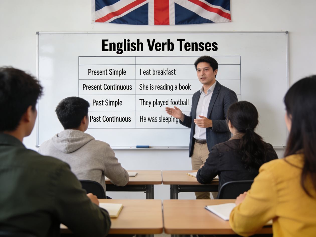 Alumnos aprendiendo los tiempos verbales en ingles